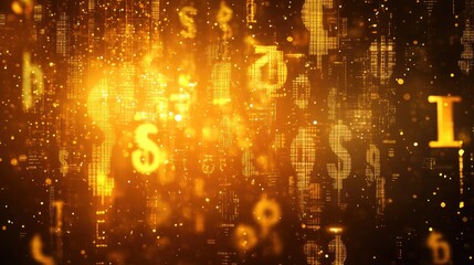A glowing golden background with overlapping dollar signs, euro symbols, and financial graphs, evoking a sense of global commerce.