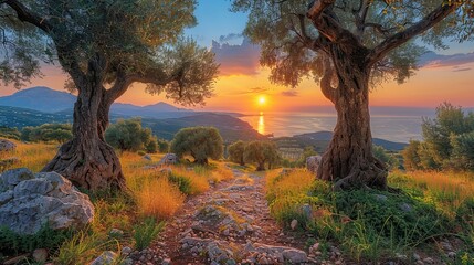 Obraz premium sunset in the mountains Ancient olive grove, gnarled trunks, Mediterranean sunset