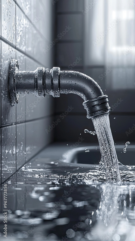 Poster water leaking from broken pipe under sink creates chaotic scene with splashes and reflections. metal