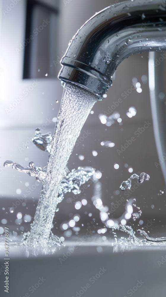 Aufkleber water is splashing from faucet, creating dynamic scene with droplets and reflections. clear liquid c