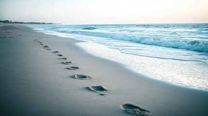 A serene beach scene with footprints leading to the ocean under a soft sunset.