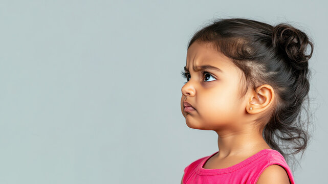 Indian little girl angry expression looking at copy space, isolated on gray