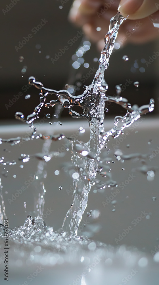 Poster a close up of water splashing from hand, creating dynamic droplets and ripples in sink. image captur
