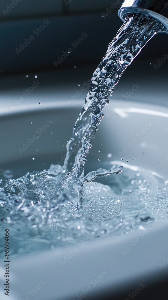 Poster water is flowing from faucet into sink, creating splashes and bubbles in basin. scene captures beaut