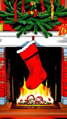 A Christmas stocking for gifts hangs on the fireplace, the room is decorated in a New Year stylе