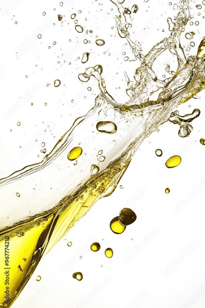 Poster golden liquid splashing and creating bubbles on white background