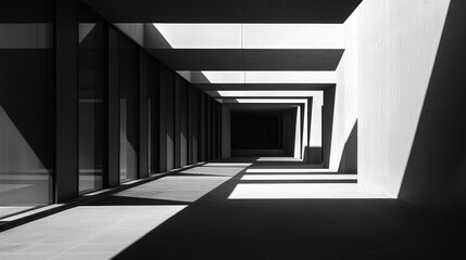 Obraz premium A stark, minimalist corridor with geometric shadows and light contrasts.