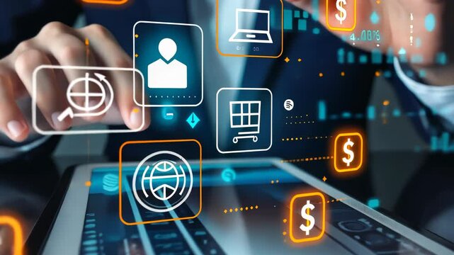 Digital Banking and Financial Technology Concept. A person presents digital banking and financial technology icons, and currency symbols, emphasizing modern online payment systems and e-commerce. Vide
