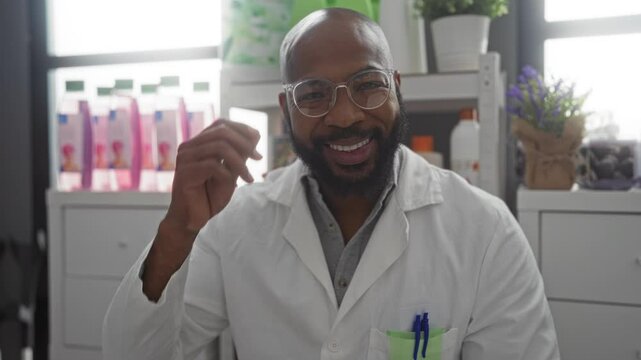 Young man in a pharmacy removes glasses and smiles at the camera, dressed in a white lab coat with pens in the pocket, shelves of products and plants in the background