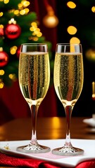 Two glasses of champagne stand on the table, the room is decorated in New Year's styl