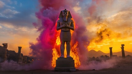 The pharaoh statue stands tall, encircled by blazing flames and colorful smoke in the fading dusk light.