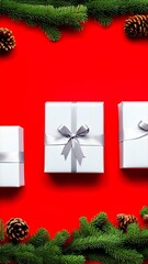 Оn a red background, gifts with spruce branches and cones lie around the edges