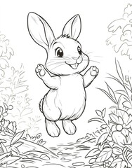 clean coloring book, cartoon style, simple illustration of Rabbit Jumping around in farmer's garden