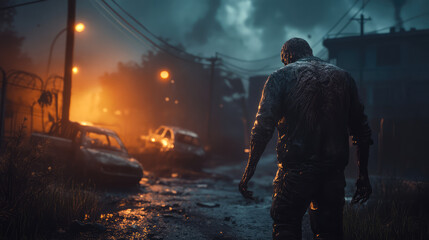 Naklejka premium An infected humanoid figure staggering through an abandoned city at night, its decayed skin glowing faintly under the flickering streetlights.