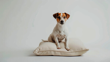 A small, stylish dog rests atop a soft, cushioned bed in a minimalist environment, highlighting both comfort and contemporary pet design