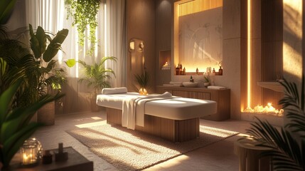 A luxurious spa room with soft lighting, a massage table, and calming essential oils, ready for ultimate relaxation.