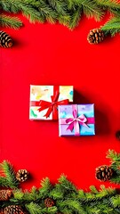 on a red background, gifts with spruce branches and cones lie around the edges 