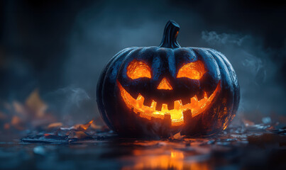 A pumpkin with a smiley face on it is lit up with a light. The pumpkin is on a table or ground, and...
