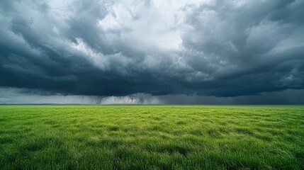 Fototapeta premium Torrential rainstorm over a green field, with dark storm clouds looming overhead.