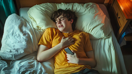 Obraz premium A teenager lying on their bed, grimacing in pain, holding their stomach with one hand, and a phone in the other, texting for help
