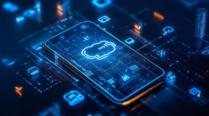 A smartphone with a glowing cloud icon on the screen surrounded by a futuristic digital network.