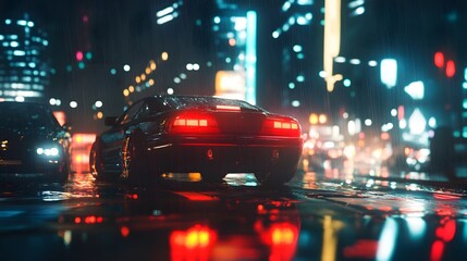 Rainy Night Drive in a Neon City