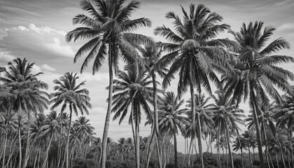 Hand drawn palm tree doodle pattern, black and white photography style, lllustration, Wall Paper Design