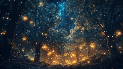 Magical Forest Path with Glowing Lights and Stars