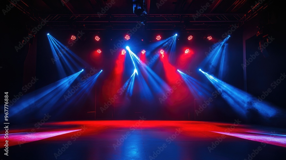 Poster a performance stage glowing with intense red and blue lights, setting the scene for a dramatic and c