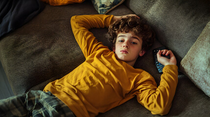 A young adult lying on a sofa, one hand on their stomach, the other holding a TV remote, with an expression of unease