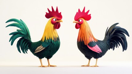 Fototapeta premium Two colorful animated roosters stand proudly against a simple white background, bold and vibrant.