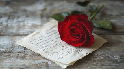 A red rose placed on a handwritten love letter, with its petals gently touching the paper, symbolizes eternal love.