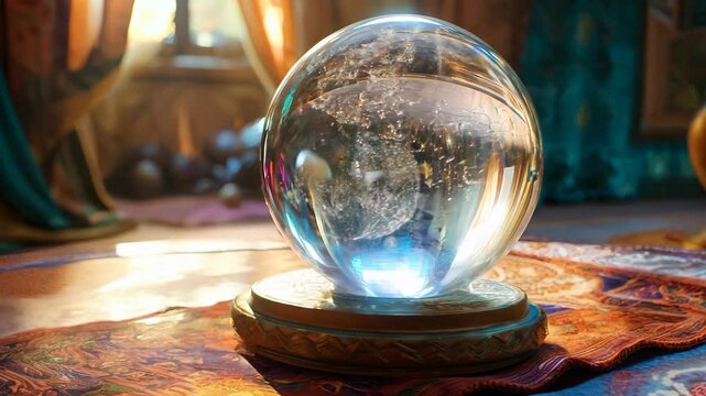 quart crystal ball on gypsy pattern fabric at home, fortunetelling and magic theme