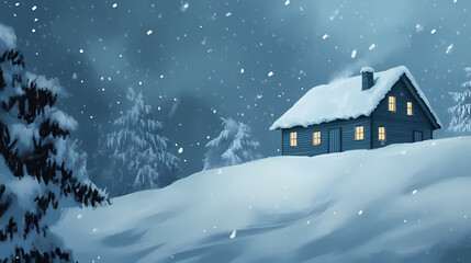 House in the mountains during a snowstorm. Snowstorm. Illustration