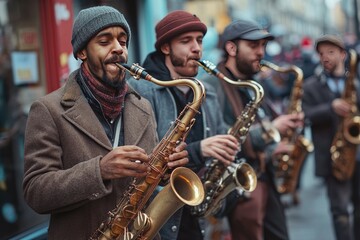 Fototapeta premium Saxophone players in a street band. This image captures the energy and excitement of a live music performance.