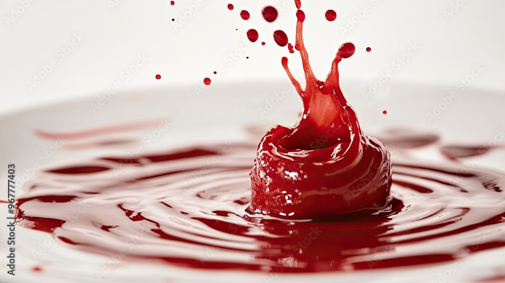 Poster a splash of red sauce hitting a plate with droplets and ripples creating a culinary scene