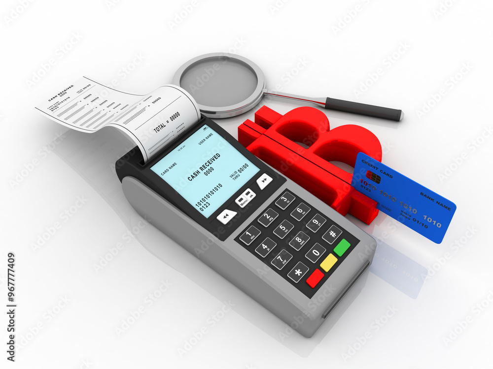 Poster 3d rendering debit card swiping bitcoin sign currency near swipe machine