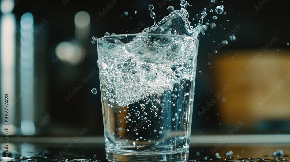 Poster a splash of sparkling water with bubbles rising and creating a dynamic effect in a glass