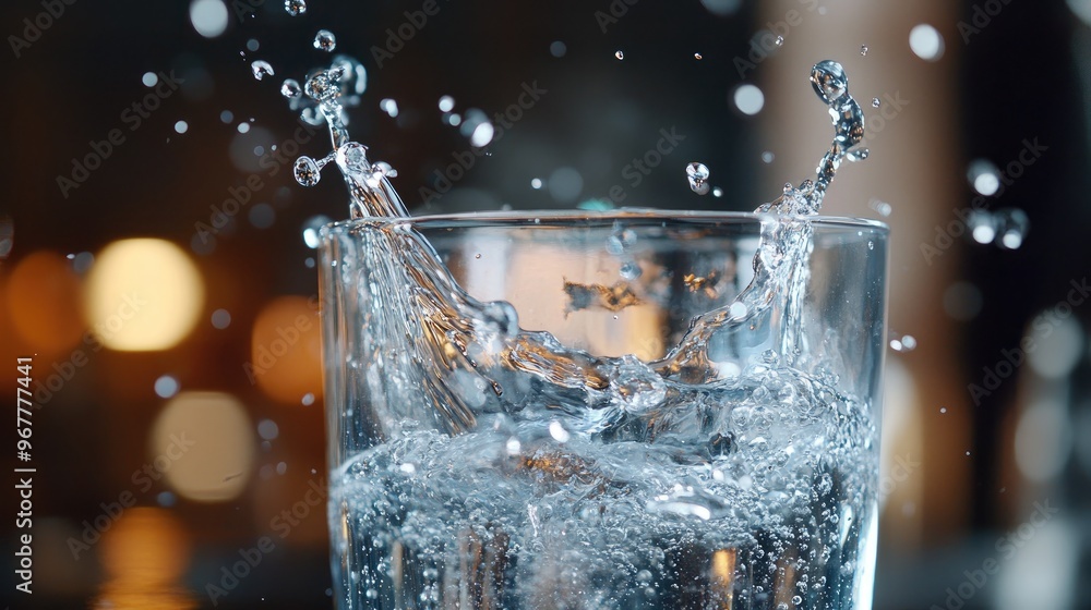Poster a splash of sparkling water with bubbles rising and creating a dynamic effect in a glass
