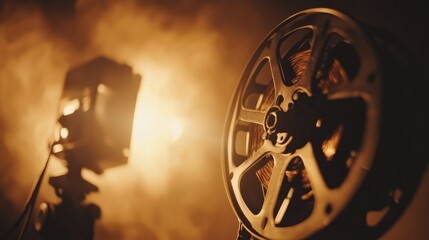 Obraz premium A retro film projector illuminates a blank wall, with the film reel slowly turning, reminiscent of a vintage movie experience.