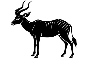 A black vector silhouette illustration depicts a deer, zebra, and a white giraffe, showcasing wild mammals in nature
