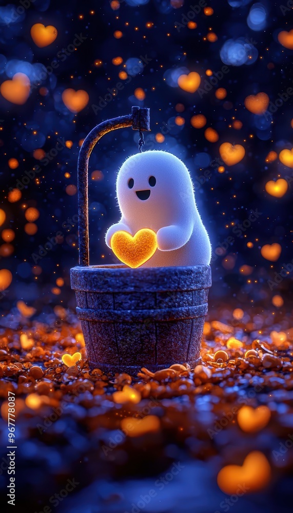 Poster a cute ghost character holds a glowing heart in a whimsical setting filled with sparkling lights and