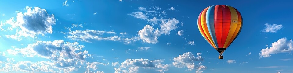 Naklejka premium Colorful hot air balloon rising in blue sky with scattered clouds
