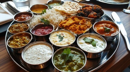 A thali platter with a variety of small dishes, including curry, dal, and raita