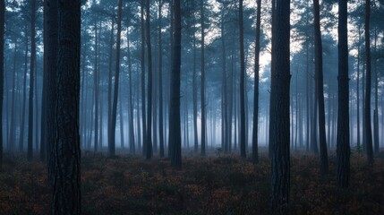 A misty forest scene with tall trees and a serene atmosphere.