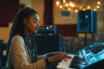 Woman playing keyboard in a studio. A perfect image to represent creativity, music, and passion for the arts.