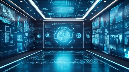 Obraz premium Futuristic digital room with blue glowing interface on walls, ceiling, and floor.