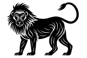 A black silhouette vector illustration depicts a wild lion, an isolated mammal and predator