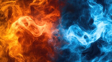 Vibrant orange and cool blue smoke mix, creating an energetic abstract clash of fire and ice.