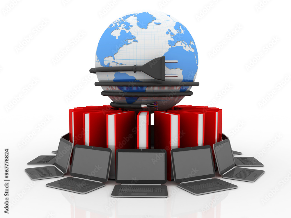 Poster 3d rendering technology computer network with book